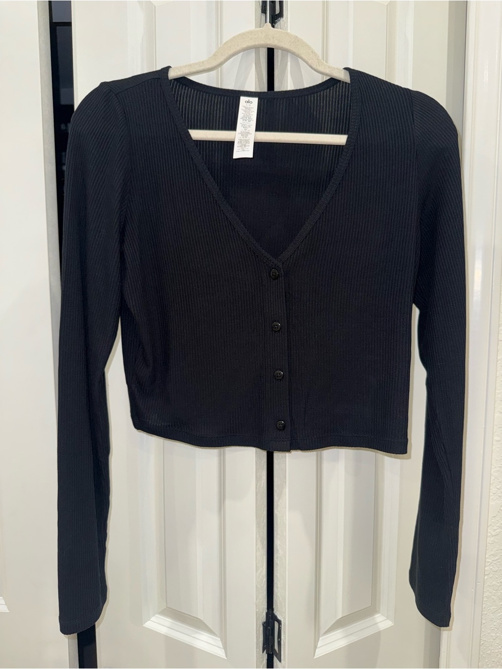 ALO Yoga Black Ribbed V-Neck Button Front Crop Top